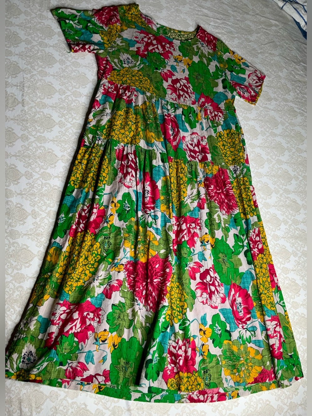 YESNO Bohemian Floral Tiered Maxi Dress 100% Cotton Pockets small/medium